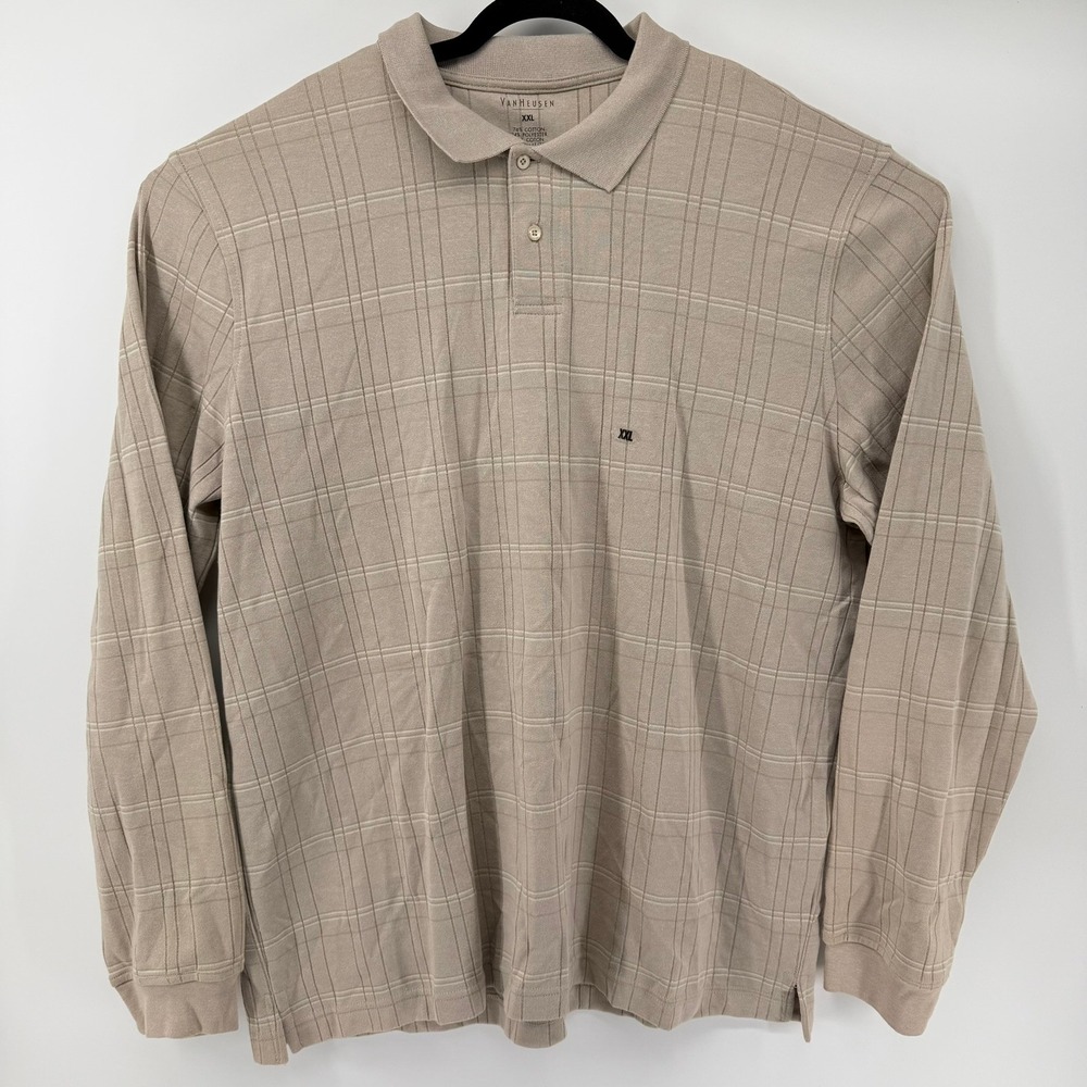 Van Heusen Mens Long Sleeve Polo Shirt Stone Beige Grid Pattern XXL